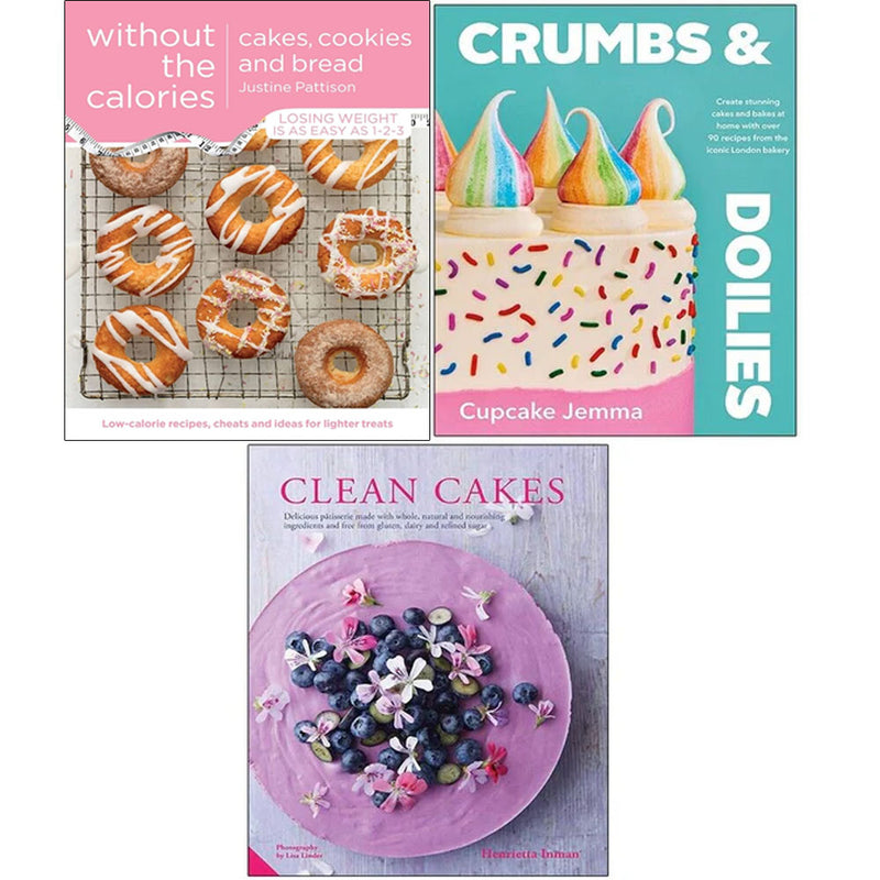 Set of three baking books by Henrietta Inman, Justine Pattison, and Cupcake Jemma featuring cakes, cookies, bread, and clean baking recipes.