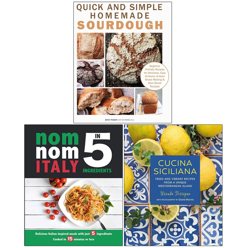 Set of three Cucina Siciliana sourdough baking books by Ursula Ferrigno, Iota, and Jane Mason, featuring homemade sourdough recipes.