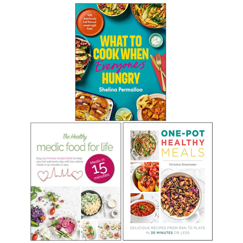 Collection of three cookbooks by Shelina Permalloo, Christina Shoemaker, and Iota Publishing featuring healthy one-pot meals and recipes.
