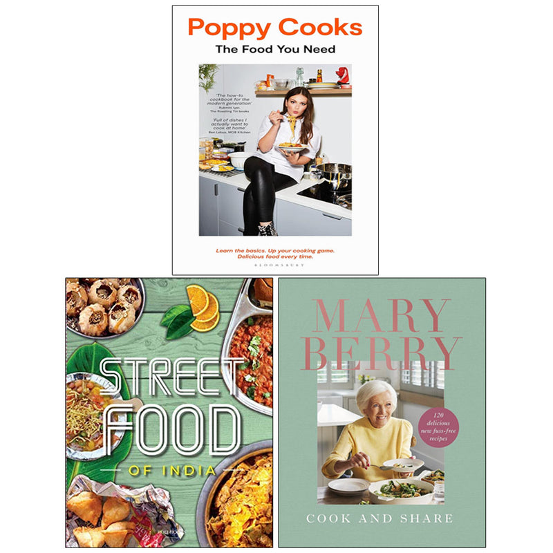 Set of three Cook and Share Indian street food cookbooks by Poppy O’Toole and Mary Berry, hardcover, featuring colorful food images.