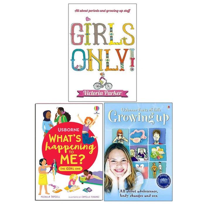 Set of three Girls Only books on growing up, featuring colorful covers with illustrations by Victoria Parker and Susan Meredith.