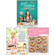 Set of three Jane’s Patisserie cookbooks by Jane Dunn featuring colorful cake, cookie, and bread recipe pages on glossy covers.