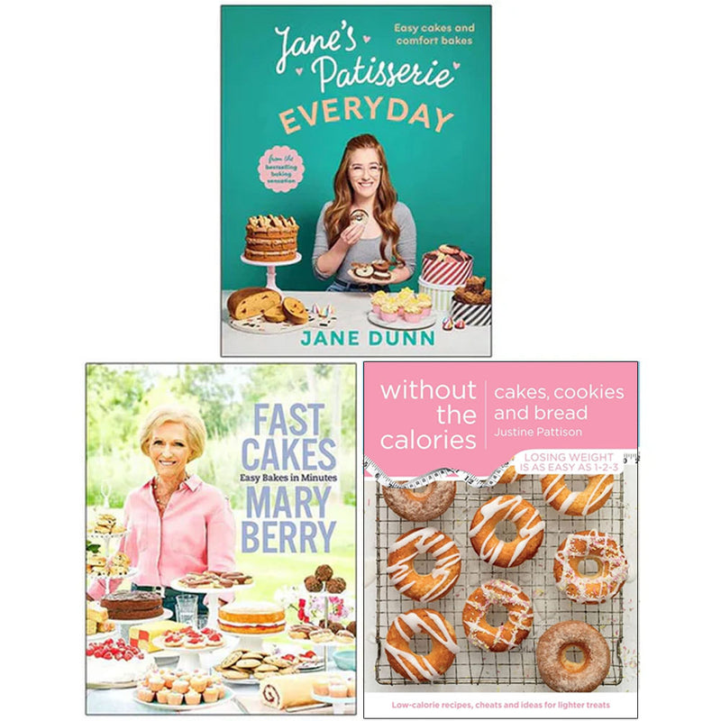 Set of three Jane’s Patisserie cookbooks by Jane Dunn featuring colorful cake, cookie, and bread recipe pages on glossy covers.