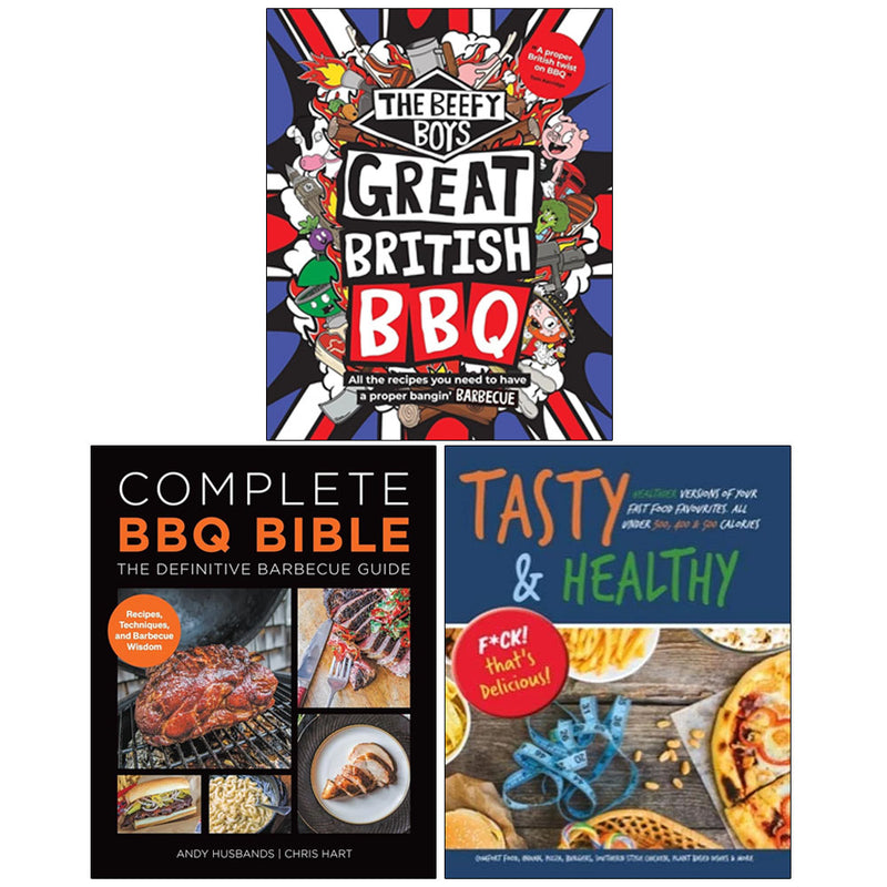 Beefy Boys' BBQ and healthy eating book collection set, featuring three non-fiction cookbooks with colorful covers.