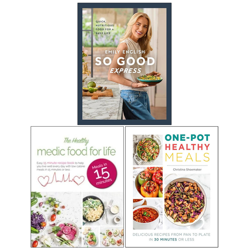 Set of three cookbooks titled So Good Express by Emily English and Christina Shoemaker, featuring quick healthy meal recipes.