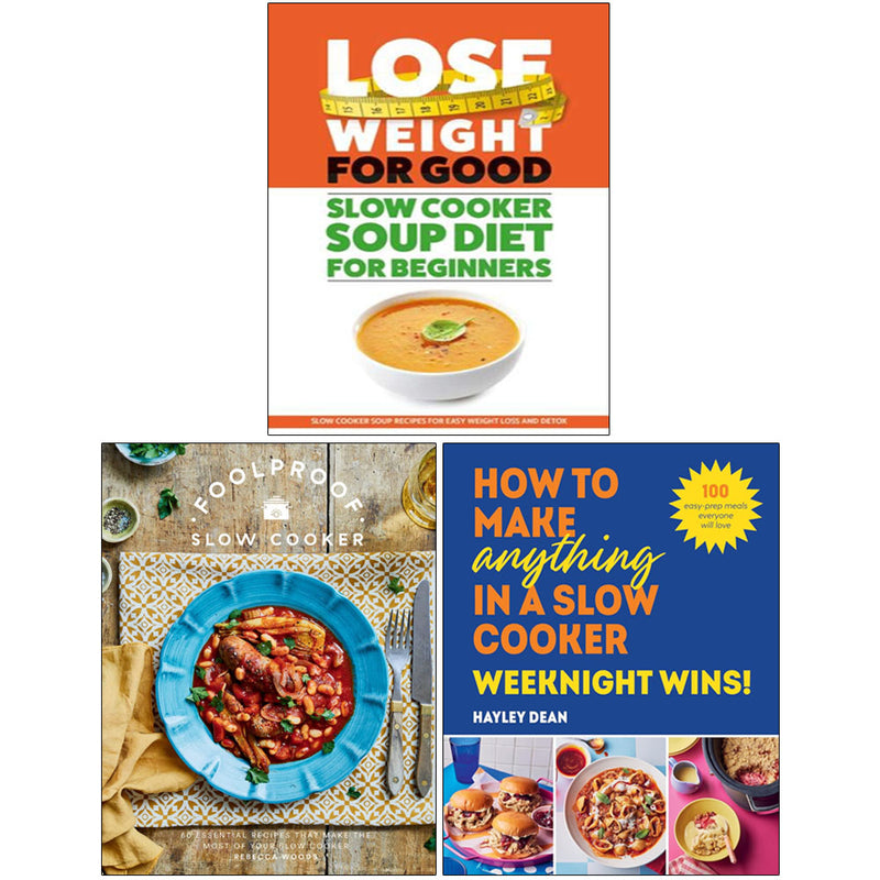 Image of the "Foolproof Slow Cooker" three-book set by Rebecca Woods, Hayley Dean, and Iota Publishing, featuring covers and titles.