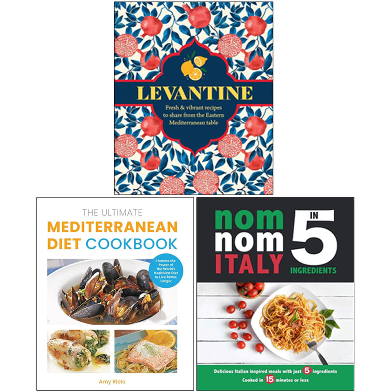 Set of three Mediterranean diet cookbooks by Ghillie Basan, Amy Riolo, and Iota, featuring Levantine Nom Nom Italy recipes and ingredients.
