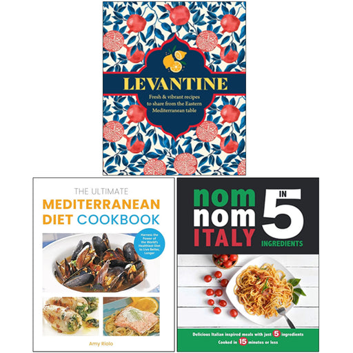 Set of three Mediterranean diet cookbooks by Ghillie Basan, Amy Riolo, and Iota, featuring Levantine Nom Nom Italy recipes and ingredients.