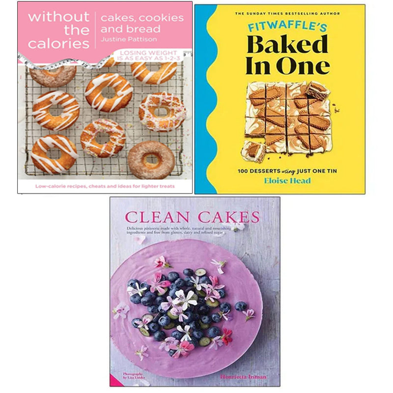 Set of three cookbooks featuring Fitwaffles baked recipes, clean cakes, cookies, and bread without calories, with colorful cover images.