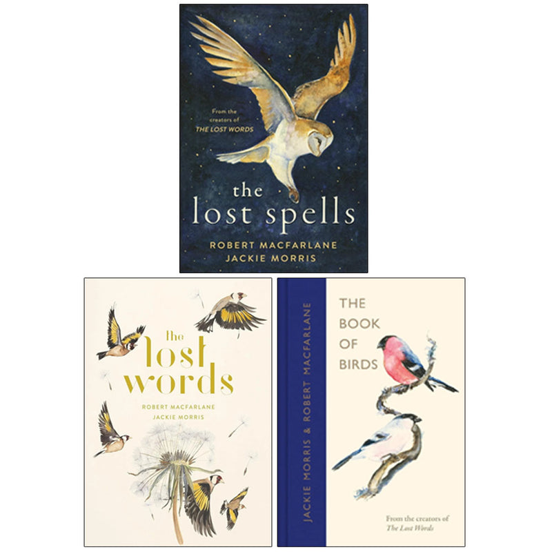 Set of three hardcover books by Robert Macfarlane, including The Book of Birds, The Lost Spells, and The Lost Words collection.