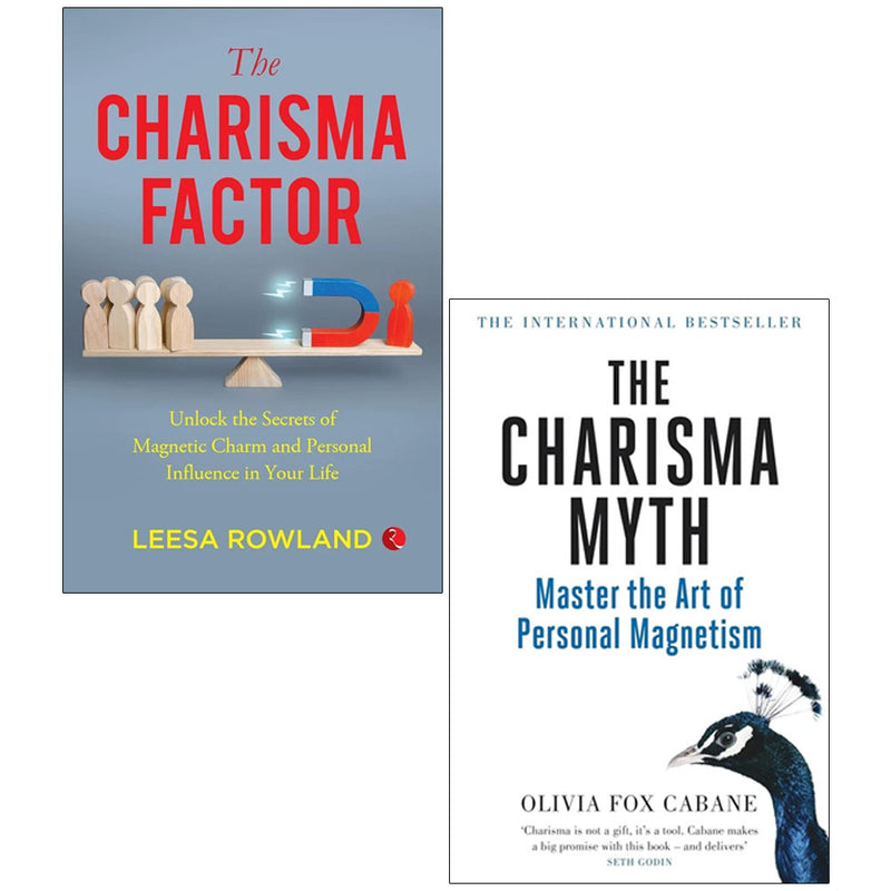 Set of two non-fiction paperbacks, The Charisma Myth by Olivia Fox Cabane and The Charisma Factor by Leesa Rowland, featuring book covers.