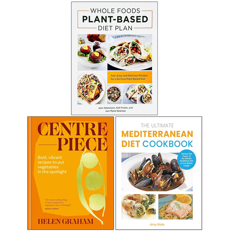 Set of three plant-based diet plan books by Helen Graham, Jenn Sebestyen, Kelli Foster, Joni Marie Newman, and Amy Riolo.