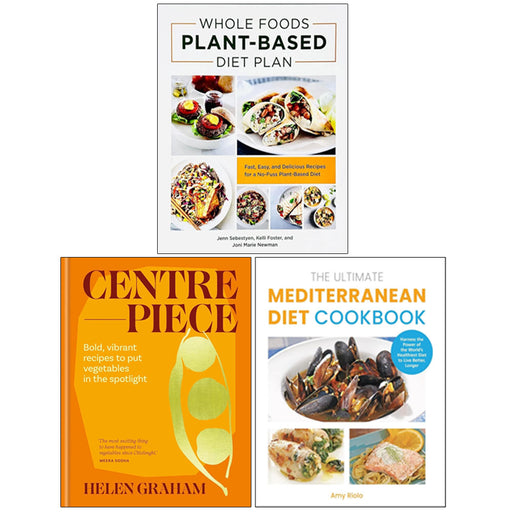 Set of three plant-based diet plan books by Helen Graham, Jenn Sebestyen, Kelli Foster, Joni Marie Newman, and Amy Riolo.