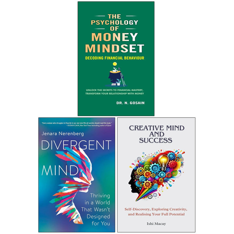 Three paperback books from the Creative Mind and Success collection, featuring titles on divergent thinking, money mindset, and psychology.