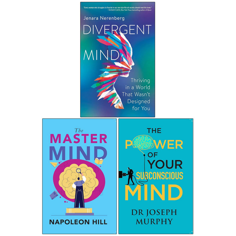 Collection of three paperback books including Divergent Mind, The Master Mind, and The Power of Your Subconscious Mind by Napoleon Hill and others.