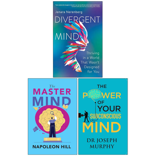 Collection of three paperback books including Divergent Mind, The Master Mind, and The Power of Your Subconscious Mind by Napoleon Hill and others.