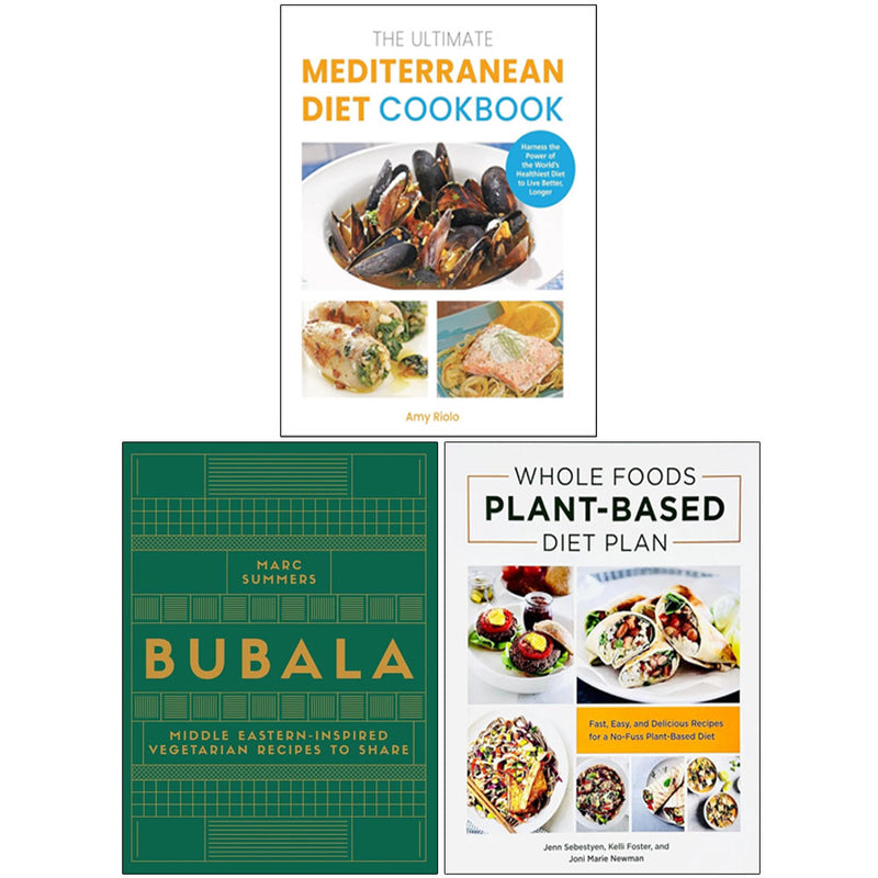 Whole Foods Plant-Based Diet Plan and Mediterranean Cookbook set by Jenn Sebestyen, Kelli Foster, Joni Marie Newman, Amy Riolo, and Marc Summers.