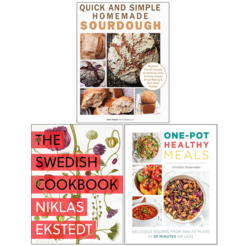 Three cookbooks from the One Pot Healthy Meals collection by Christina Shoemaker, Jane Mason, and Niklas Ekstedt, featuring colorful food images.