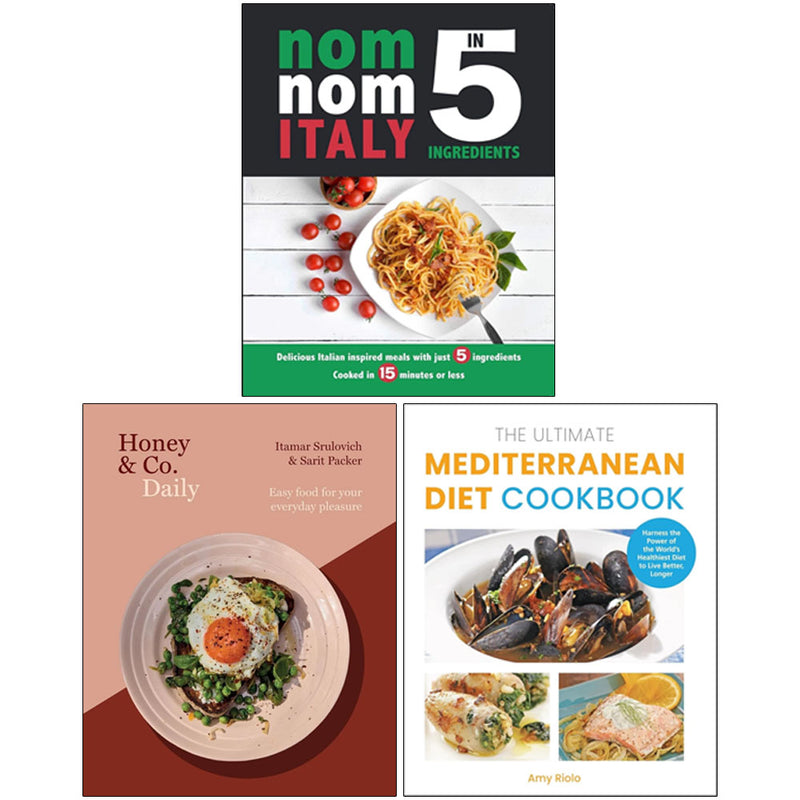 Three cookbook books from Nom Nom Italy In 5 Ingredients, Honey & Co Daily collection by Iota, Amy Riolo, and others, featuring colorful covers.