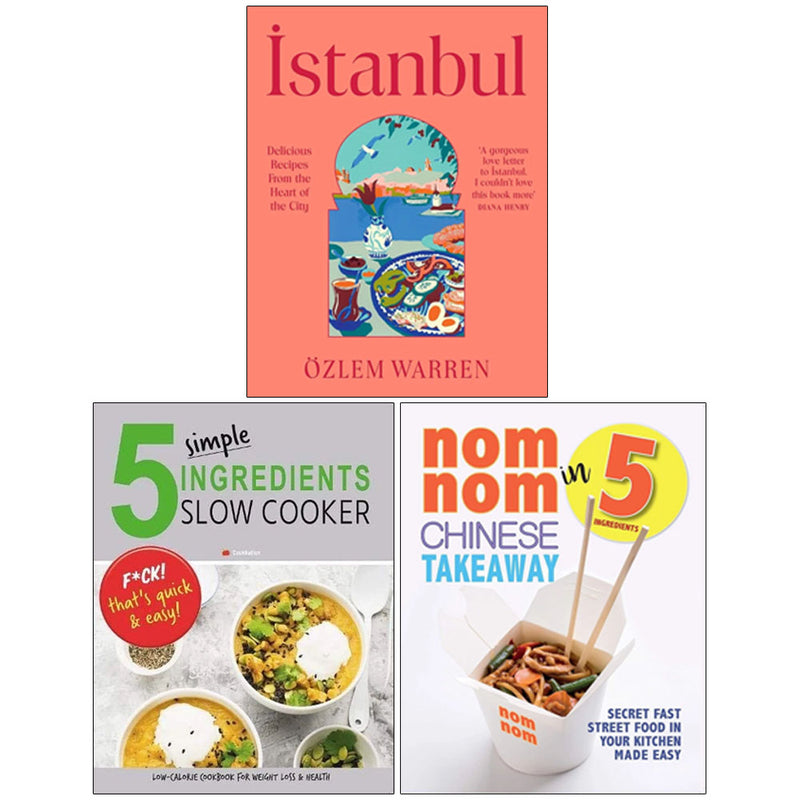 Set of three cookbooks by Özlem Warren and Iota featuring Istanbul recipes, Chinese takeaway dishes, and slow cooker recipes, mixed formats.