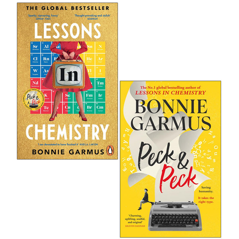 Collection of Bonnie Garmus's Lessons In Chemistry and Peck And Peck books by Manilla Press/Penguin, featuring book covers.
