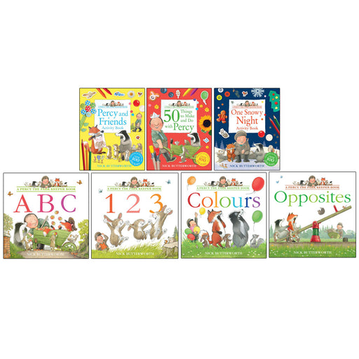 Percy the Park Keeper 7-book collection set by Nick Butterworth, featuring colorful paperback covers of the fictional animal stories.