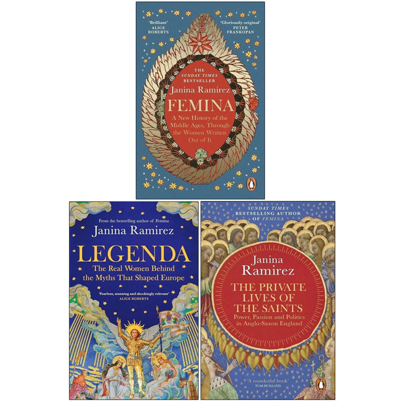 Collection of three non-fiction books by Janina Ramirez, including Legenda, Femina, and The Private Lives of the Saints, in mixed formats.