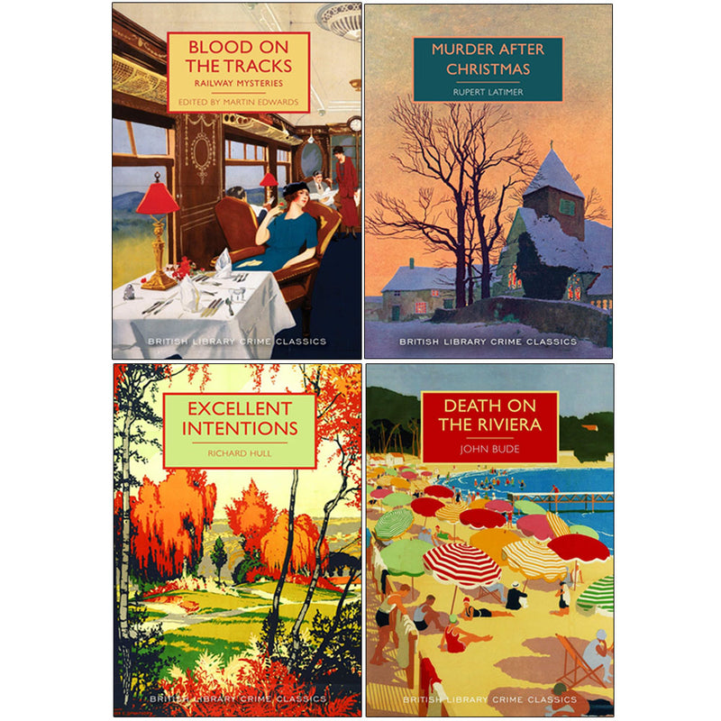 British Library Crime Classics 4-book set featuring paperbacks by Richard Hull, John Bude, and Rupert Latimer, vintage crime fiction collection.