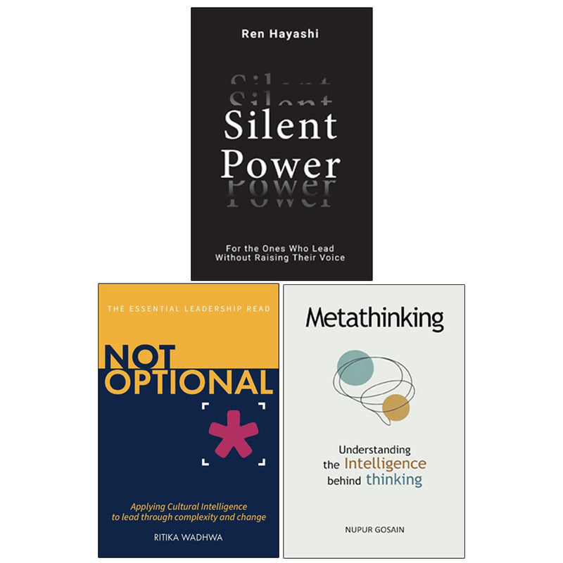 Collection of three paperback non-fiction books by Ritika Wadhwa, Nupur Gosain, and Ren Hayashi on metathinking and silent power.