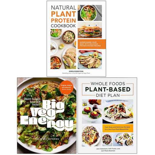 Set of three plant-based diet books by Robin Robertson, Jenn Sebestyen, and Kelli Foster, featuring Whole Foods Vegan meal plans.