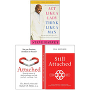 Three paperback books in the "Act Like a Lady, Think Like a Man" collection by Isla Monroe, Steve Harvey, Amir Levine, and Rachel Heller.