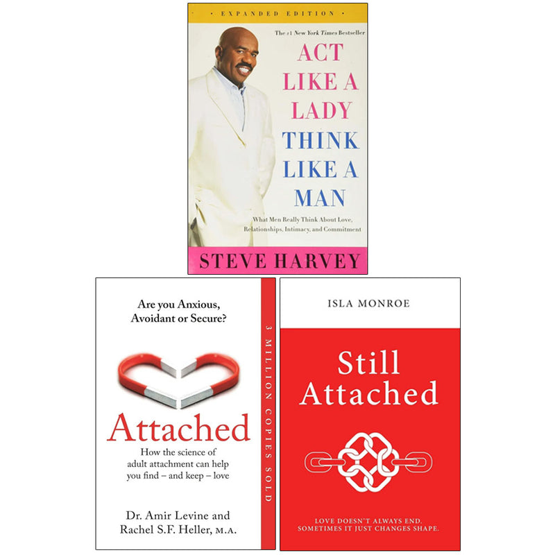Three paperback books in the "Act Like a Lady, Think Like a Man" collection by Isla Monroe, Steve Harvey, Amir Levine, and Rachel Heller.