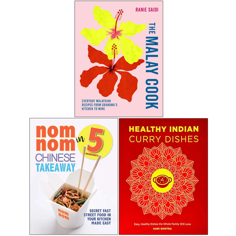 Three cookbooks from The Malay Cook collection by Ranie Saidi, Hari Ghotra, and Iota, showcasing vibrant Asian-inspired dishes.