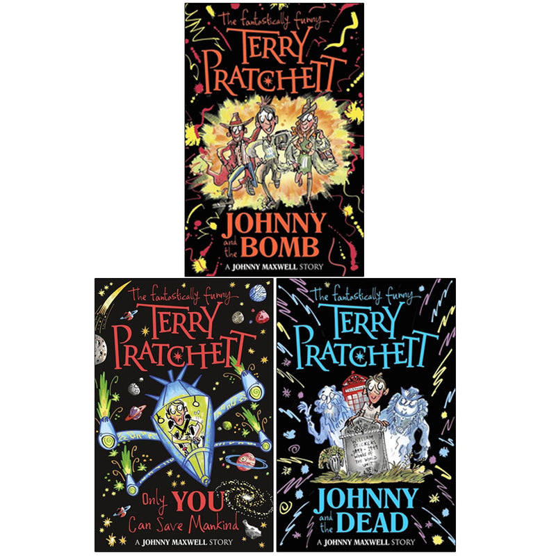 Collection of three Terry Pratchett Johnny Maxwell Trilogy paperback books by Corgi Children’s, featuring colorful covers and titles.