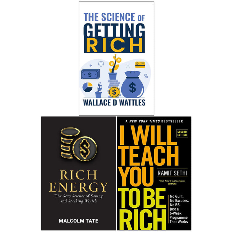 Three non-fiction books from the Rich Energy collection by Malcolm Tate, Wallace D. Wattles, and Ramit Sethi, in mixed formats.