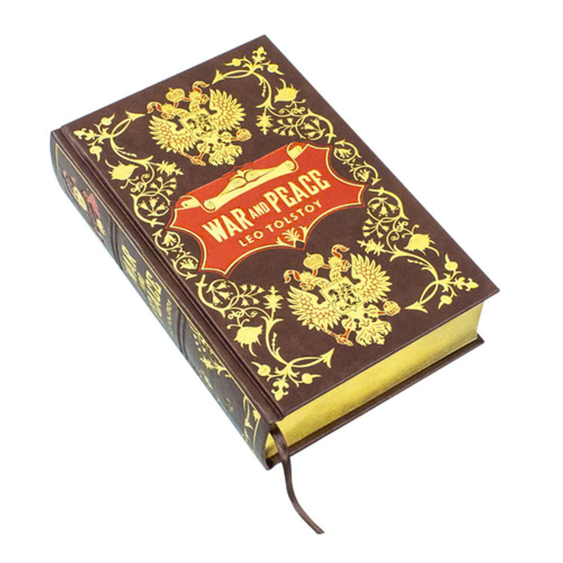 Leather-bound War and Peace deluxe book by Leo Tolstoy, showing the ornate cover and detailed spine design.