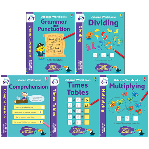 Set of five Usborne Publishing Ltd non-fiction workbooks by Bathie Holly, featuring colorful paperback educational activity books.