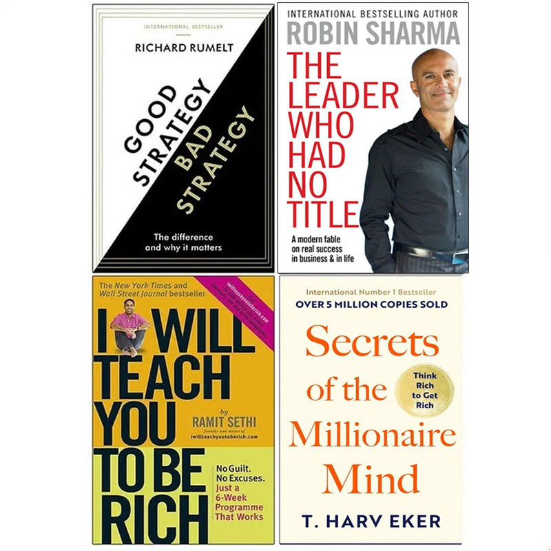 Four non-fiction paperback books by Richard Rumelt, Robin Sharma, T. Harv Eker, and Ramit Sethi, arranged together on a plain background.