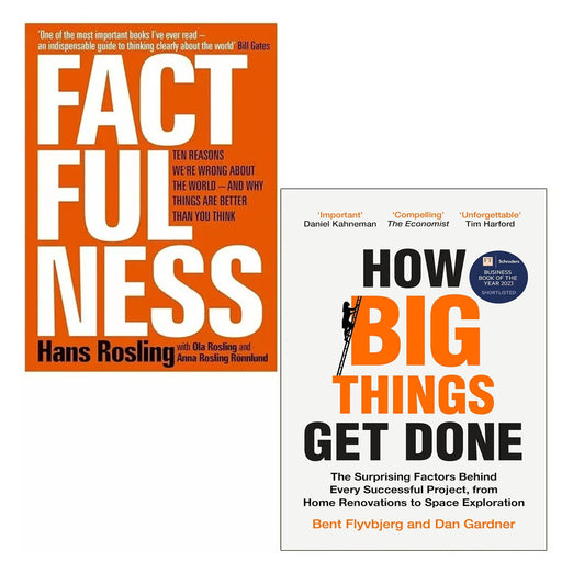 Set of two books titled Factfulness and How Big Things Get Done by authors Bent Flyvbjerg and Hans Rosling, hardcover editions.