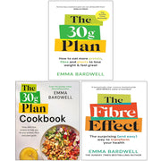 Three paperback books from Emma Bardwell's The 30g Plan, The Fibre Effect, and The 30g Plan Cookbook collection set, featuring book covers.