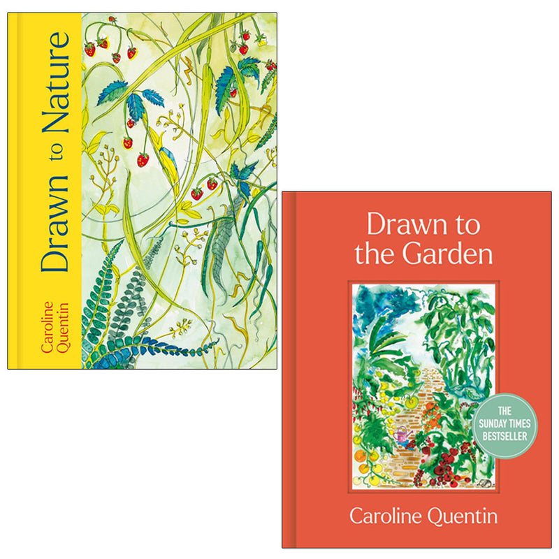 Set of two hardback non-fiction books by Caroline Quentin, Drawn to Nature and Drawn to the Garden, with nature-themed covers.