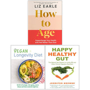 Collection of three books on vegan longevity and gut health by Liz Earle, Jennifer Browne, and Iota Publishing, in mixed formats