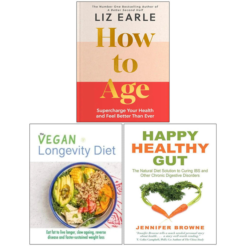 Collection of three books on vegan longevity and gut health by Liz Earle, Jennifer Browne, and Iota Publishing, in mixed formats
