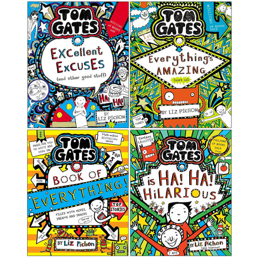 Tom Gates 4 Books collection set by Liz Pichon featuring colorful paperback covers from the first four adventures in the fiction series.