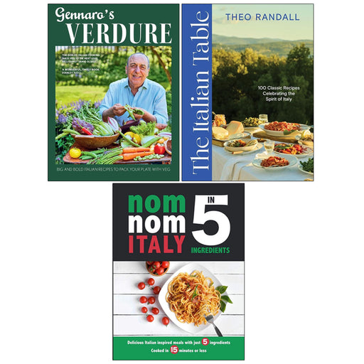 Italian cooking books set featuring Gennaro’s Verdure and recipes from Nom Nom Italy, including titles by Gennaro Contaldo and Theo Randall.