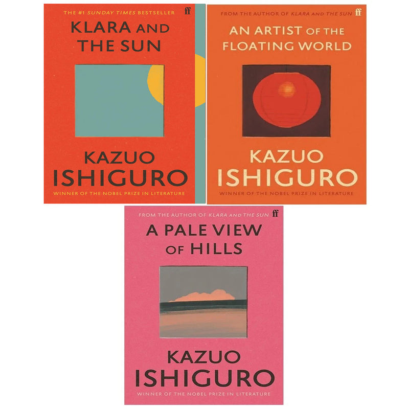 Kazuo Ishiguro collection of three Faber & Faber books: Klara and the Sun, An Artist of Floating, A Pale View of Hills, with cover art.