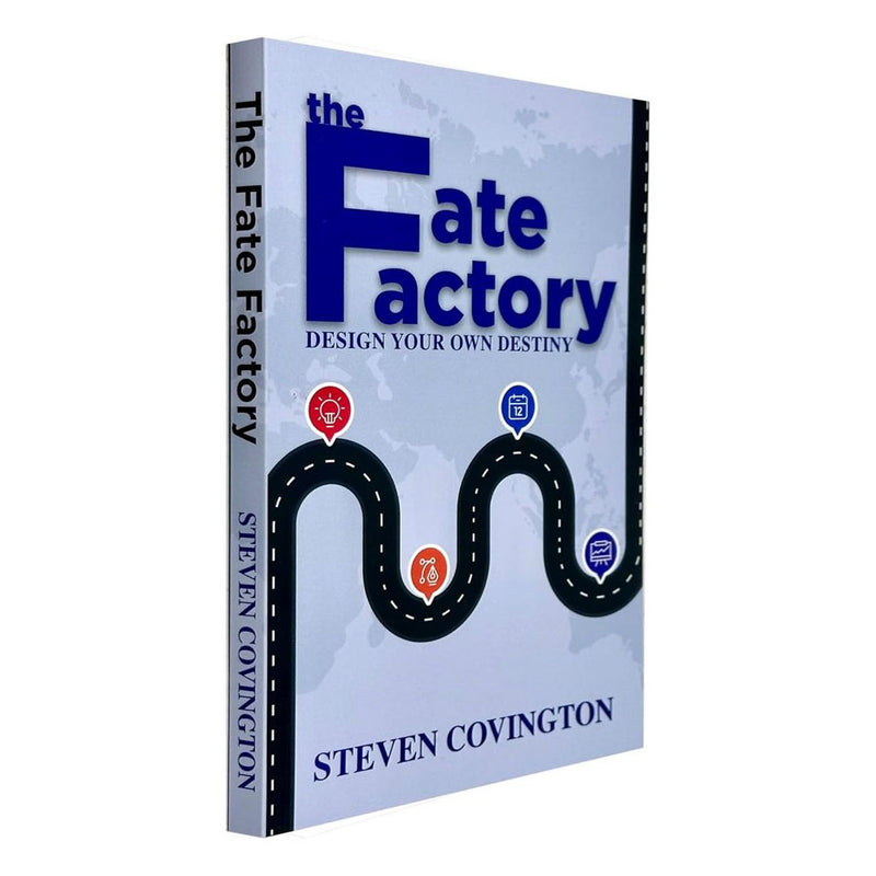 Book cover of "The Fate Factory: Design Your Own Destiny" by Steven Covington, published by Rupa Publications, featuring vibrant artwork.