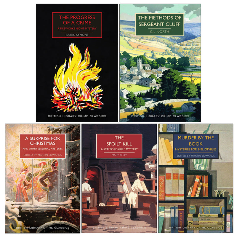 British Library Crime Classics 5-book paperback collection featuring works by Gil North, Mary Kelly, and Julian Symons.