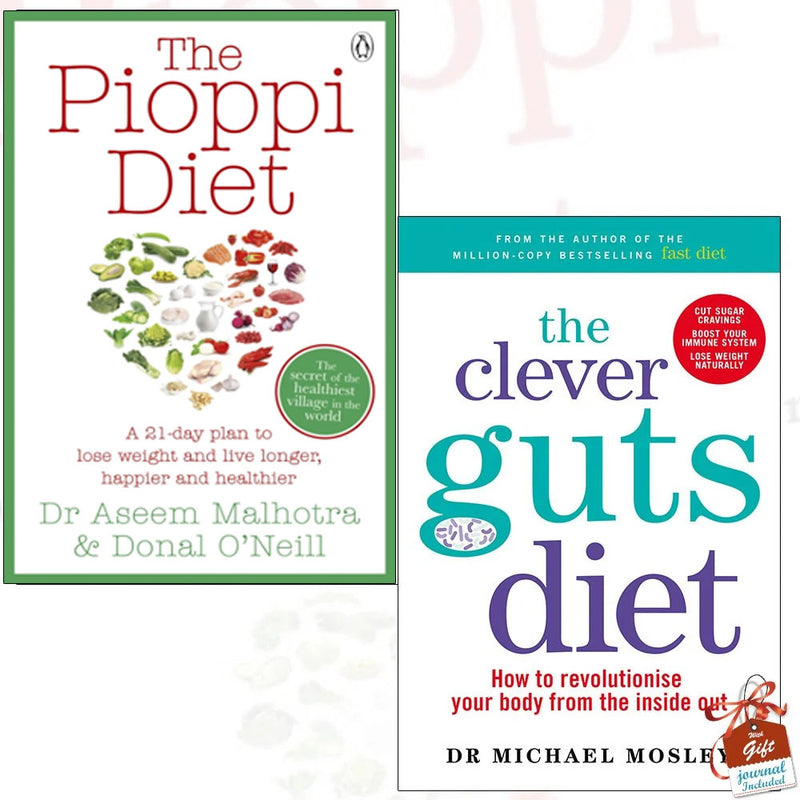 Set of two non-fiction diet books by Donal O'Neill and Michael Mosley with a gift journal, featuring health and gut wellness tips.