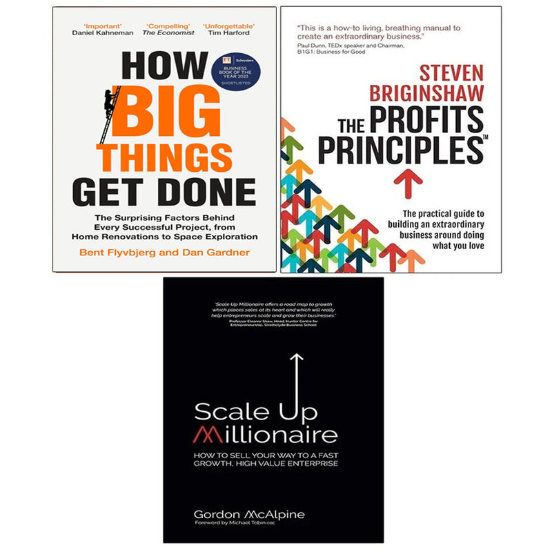 Set of three books including "How Big Things Get Done," "Profits Principles," and "Scale Up Millionaire" by Flyvbjerg, Gardner, Briginshaw, McAlpine.